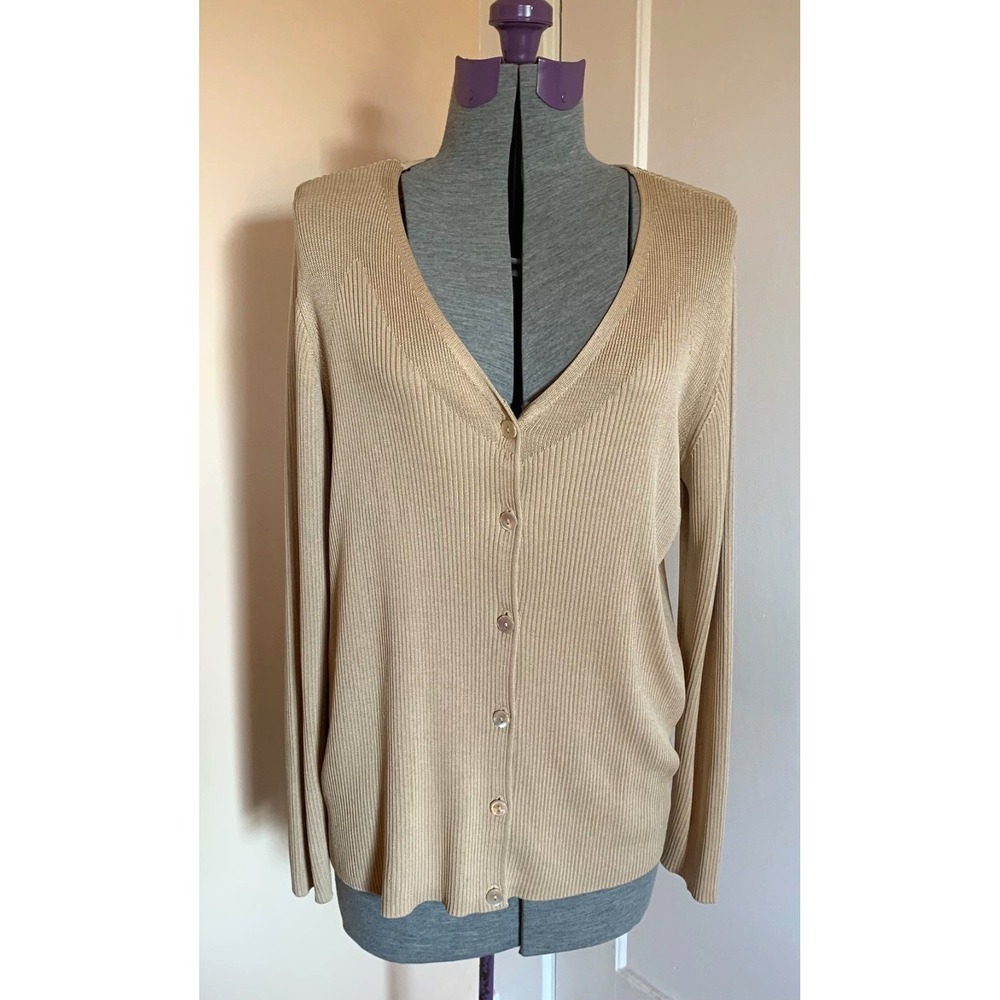 Dana Buchman Woman‎ Tan Silk Ribbed Knit Button Front Cardigan Sweater 1X